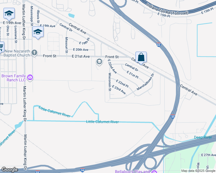 map of restaurants, bars, coffee shops, grocery stores, and more near 2342 Wisconsin Street in Gary