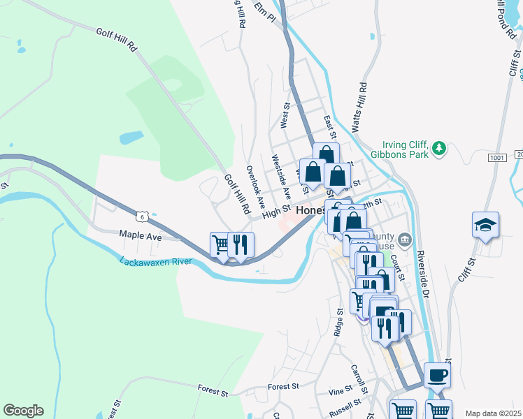 map of restaurants, bars, coffee shops, grocery stores, and more near 1230 Overlook Ave in Honesdale