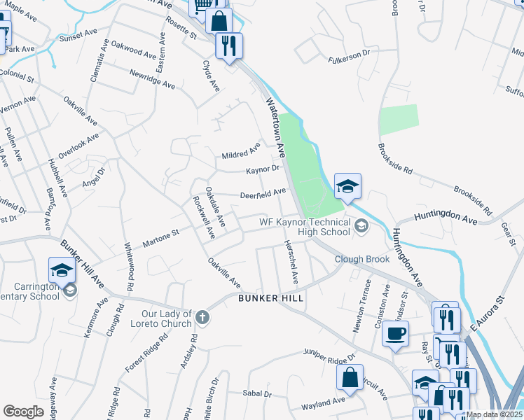 map of restaurants, bars, coffee shops, grocery stores, and more near 6 Smith Avenue in Waterbury