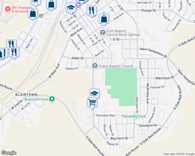 map of restaurants, bars, coffee shops, grocery stores, and more near 915 Walnut Street in Rock Springs