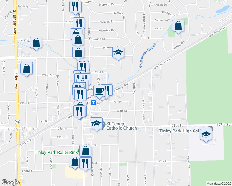 map of restaurants, bars, coffee shops, grocery stores, and more near 6619 Oak Forest Avenue in Tinley Park