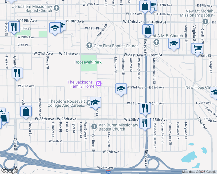 map of restaurants, bars, coffee shops, grocery stores, and more near 501 West 23rd Avenue in Gary