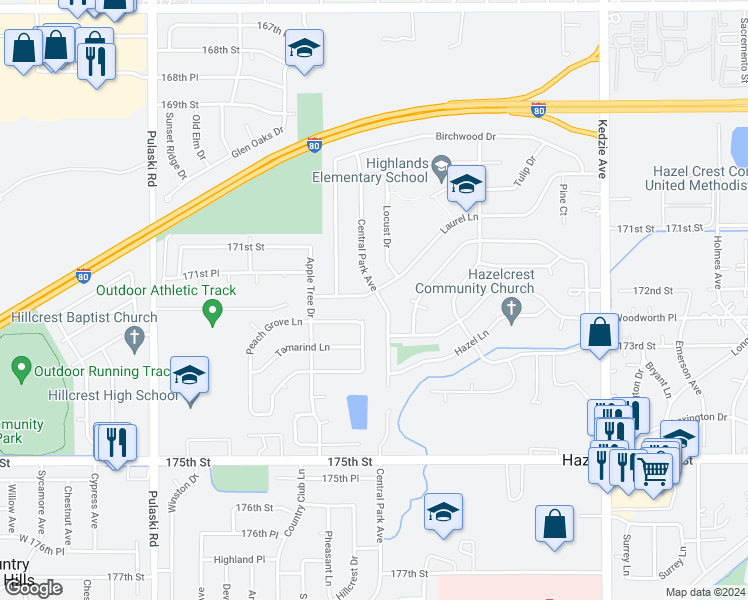 map of restaurants, bars, coffee shops, grocery stores, and more near 17204 Central Park Avenue in Hazel Crest