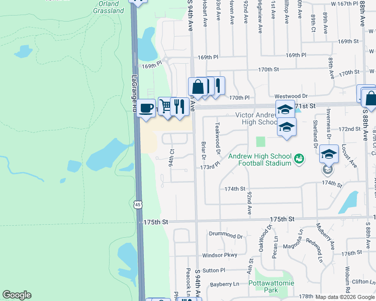 map of restaurants, bars, coffee shops, grocery stores, and more near 9400 173rd Street in Tinley Park