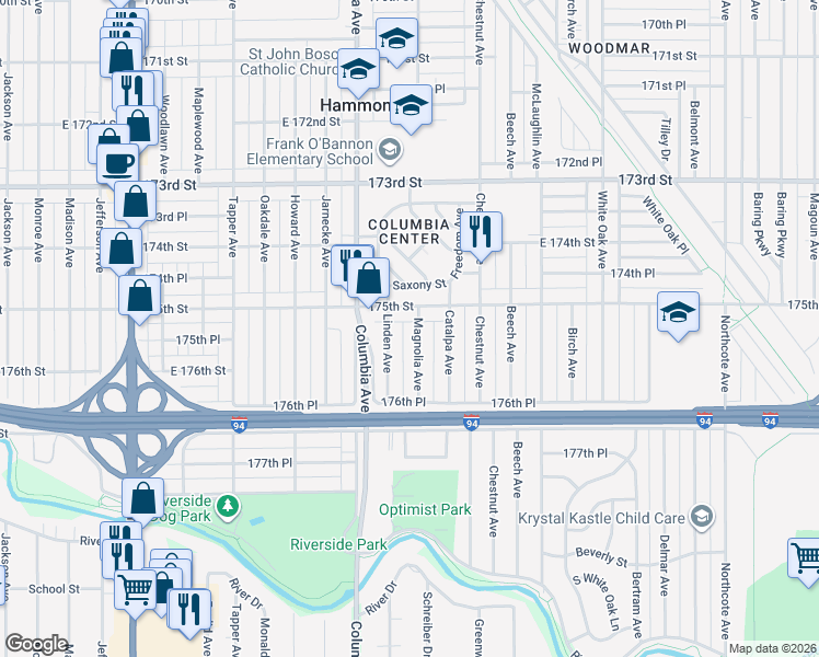 map of restaurants, bars, coffee shops, grocery stores, and more near 7520 Magnolia Avenue in Hammond