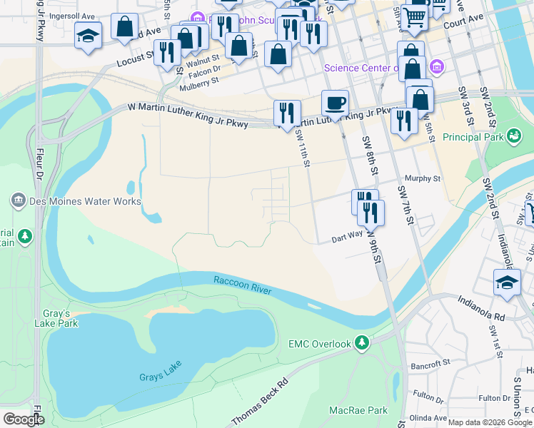map of restaurants, bars, coffee shops, grocery stores, and more near 1250 West Martin Luther King Junior Parkway in Des Moines