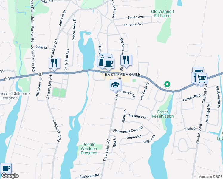 map of restaurants, bars, coffee shops, grocery stores, and more near 33 Davisville Road in Falmouth