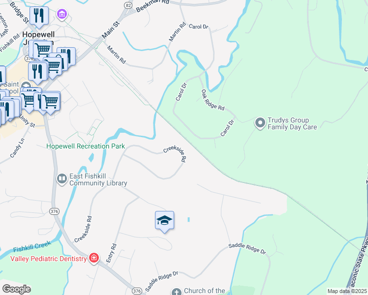map of restaurants, bars, coffee shops, grocery stores, and more near 110 Creekside Road in Hopewell Junction