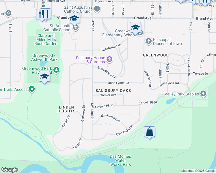 map of restaurants, bars, coffee shops, grocery stores, and more near 4012 John Lynde Road in Des Moines
