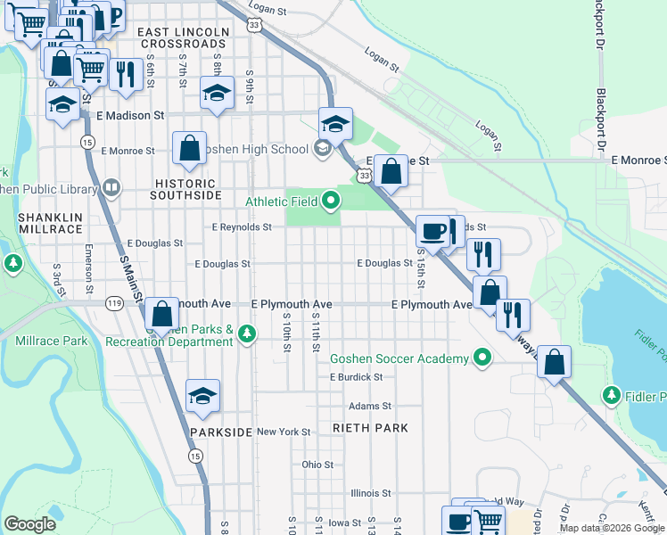 map of restaurants, bars, coffee shops, grocery stores, and more near 816 East Douglas Street in Goshen