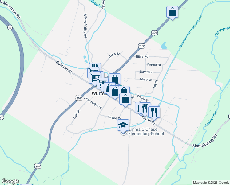 map of restaurants, bars, coffee shops, grocery stores, and more near 113 Pine Street in Wurtsboro