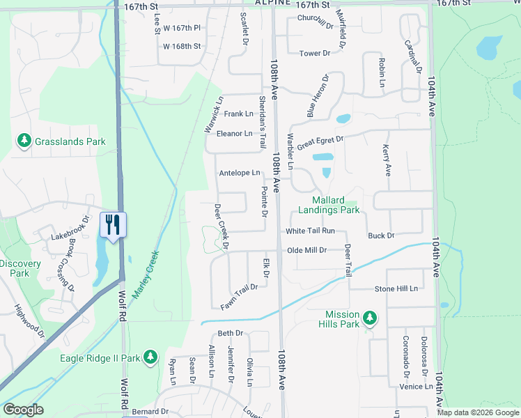 map of restaurants, bars, coffee shops, grocery stores, and more near 17208 Pointe Drive in Orland Park