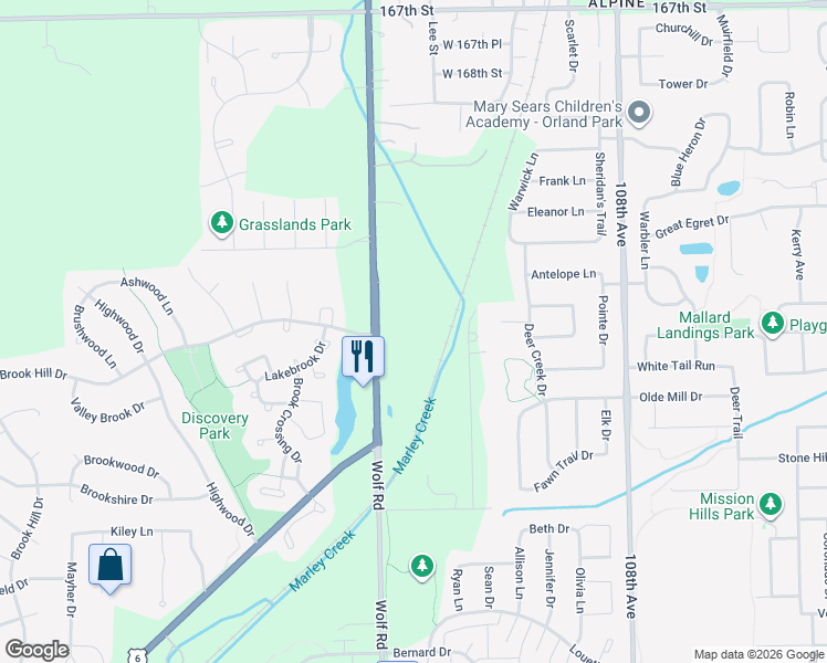 map of restaurants, bars, coffee shops, grocery stores, and more near 17193 Wolf Road in Orland Park