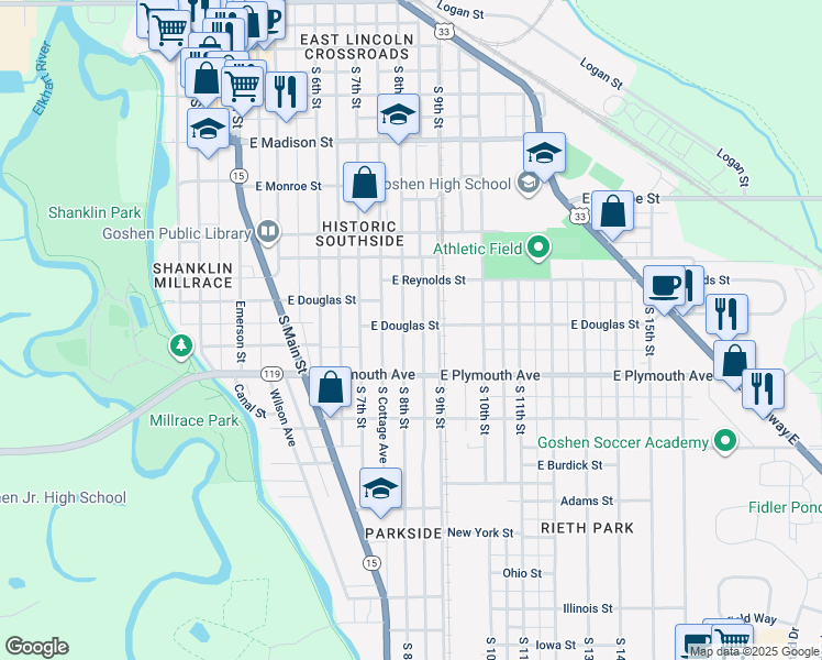 map of restaurants, bars, coffee shops, grocery stores, and more near 802 South 8th Street in Goshen