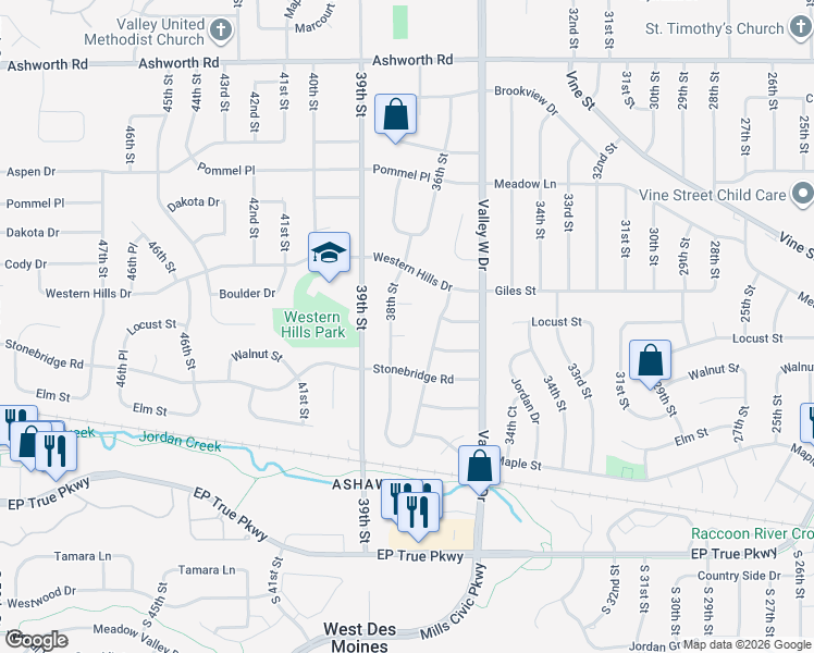 map of restaurants, bars, coffee shops, grocery stores, and more near 3705 Breckenridge Circle in West Des Moines