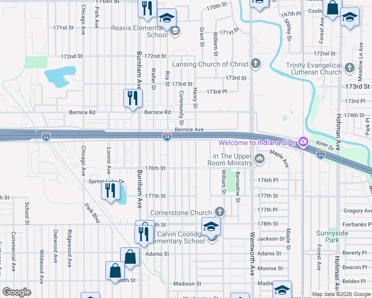 map of restaurants, bars, coffee shops, grocery stores, and more near 17513 Community Street in Lansing