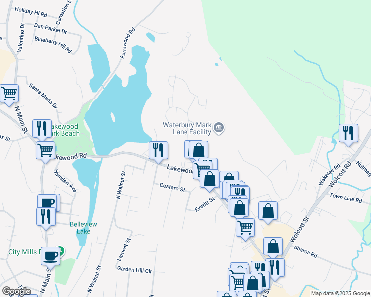 map of restaurants, bars, coffee shops, grocery stores, and more near 57 Grilleytown Road in Waterbury