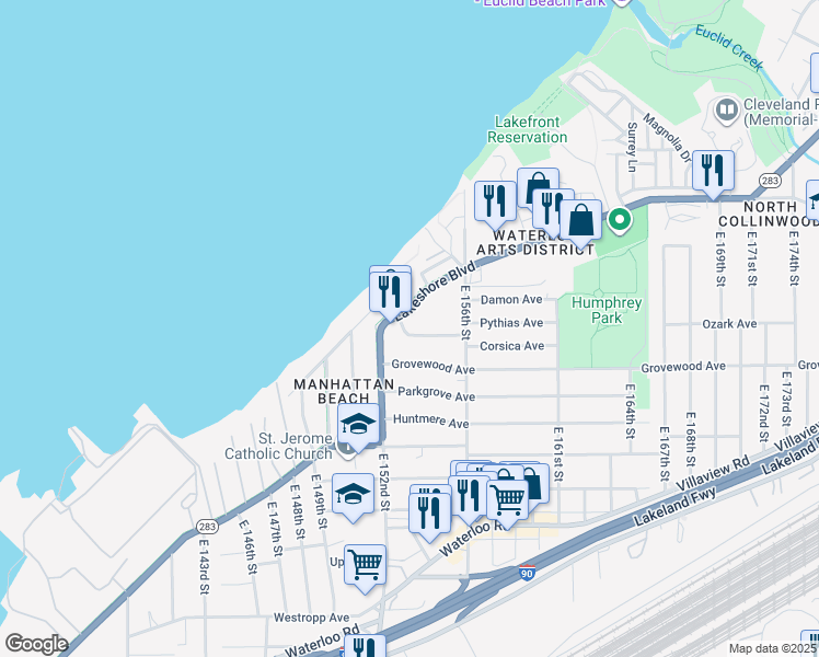 map of restaurants, bars, coffee shops, grocery stores, and more near 15315 Glencoe Avenue in Cleveland