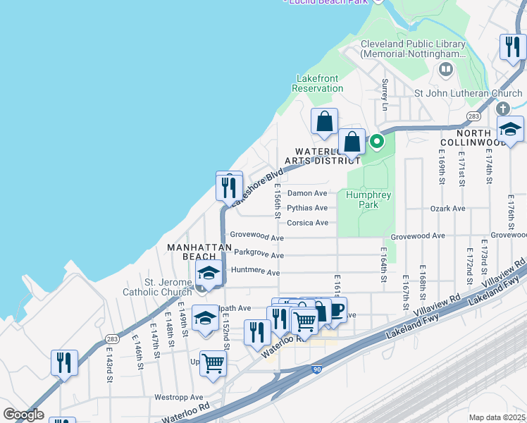 map of restaurants, bars, coffee shops, grocery stores, and more near 15419 Glencoe Avenue in Cleveland