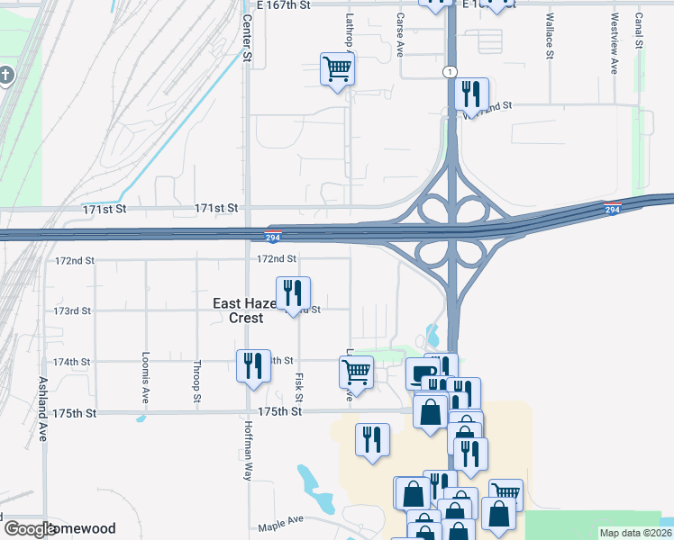 map of restaurants, bars, coffee shops, grocery stores, and more near 1007 172nd Street in Hazel Crest
