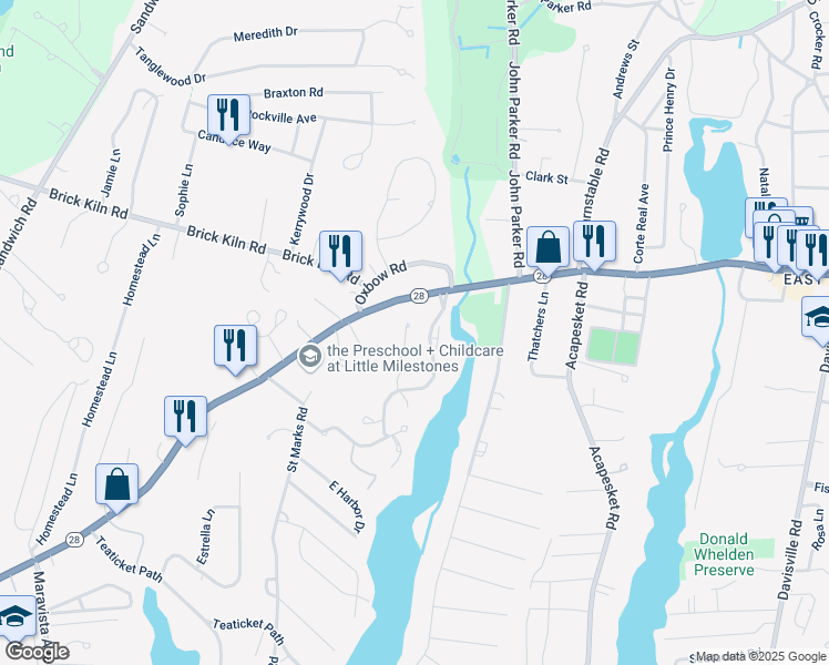 map of restaurants, bars, coffee shops, grocery stores, and more near 56 Woodland Trail in Falmouth
