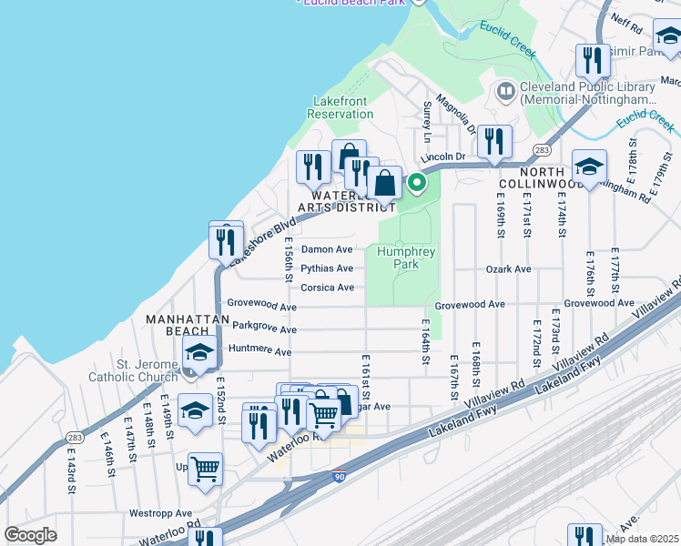 map of restaurants, bars, coffee shops, grocery stores, and more near 15816 Pythias Avenue in Cleveland