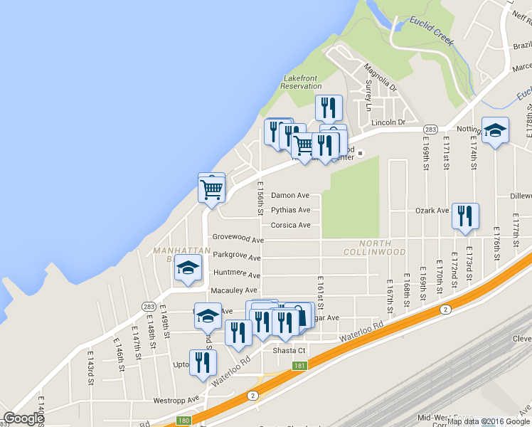 map of restaurants, bars, coffee shops, grocery stores, and more near 15610 Pythias Avenue in Cleveland