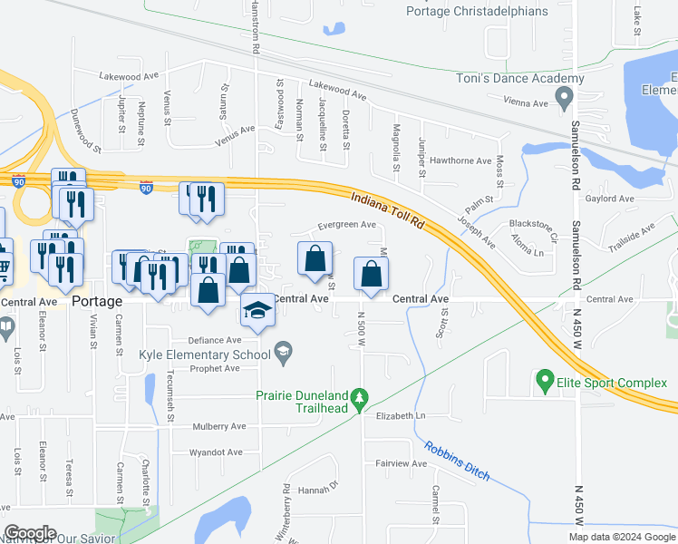 map of restaurants, bars, coffee shops, grocery stores, and more near 2565 Parkview Street in Portage