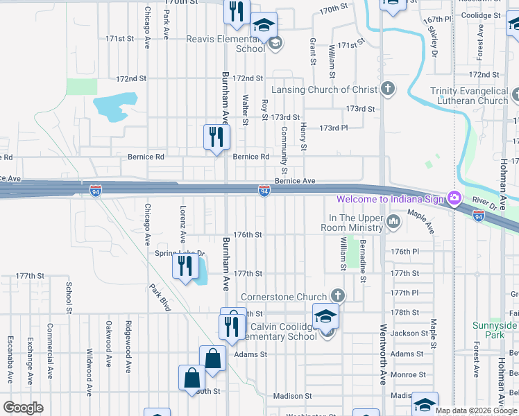 map of restaurants, bars, coffee shops, grocery stores, and more near 17514 Roy Street in Lansing
