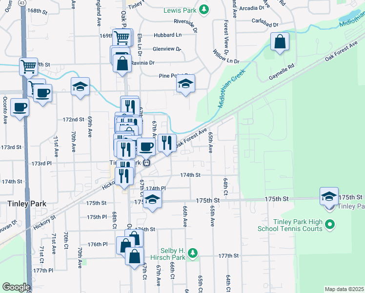 map of restaurants, bars, coffee shops, grocery stores, and more near 6619 Oak Forest Avenue in Tinley Park