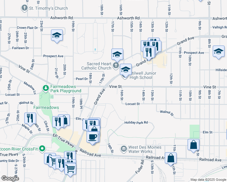 map of restaurants, bars, coffee shops, grocery stores, and more near 1616 Vine Street in West Des Moines