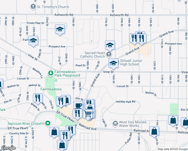 map of restaurants, bars, coffee shops, grocery stores, and more near 1708 Vine Street in West Des Moines
