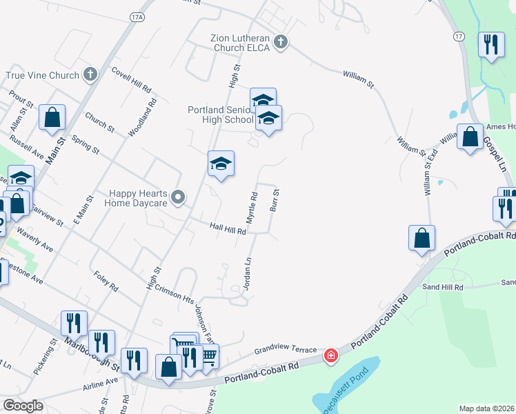 map of restaurants, bars, coffee shops, grocery stores, and more near 10 Burr Street in Portland