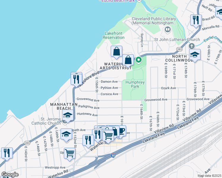 map of restaurants, bars, coffee shops, grocery stores, and more near 15816 Pythias Avenue in Cleveland