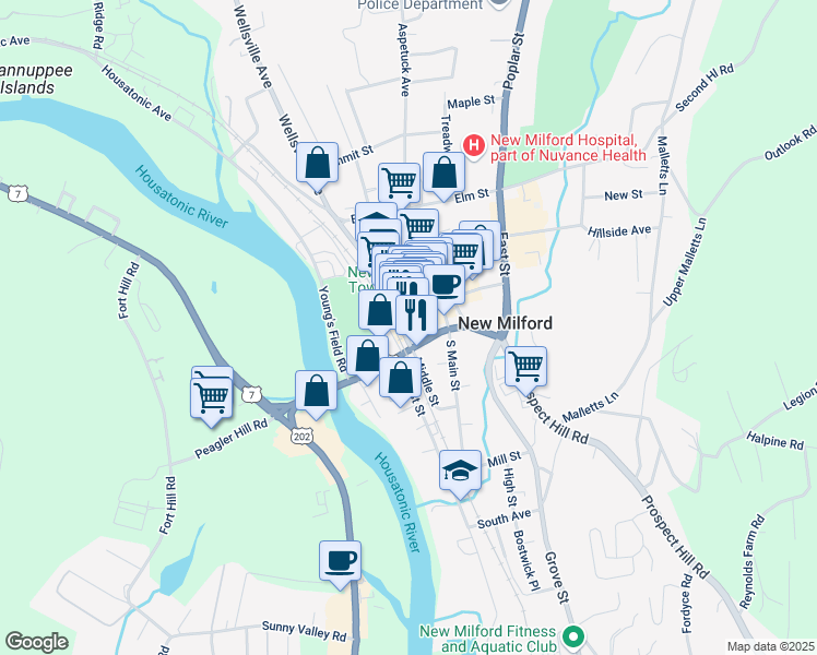 map of restaurants, bars, coffee shops, grocery stores, and more near 26 Railroad Street in New Milford
