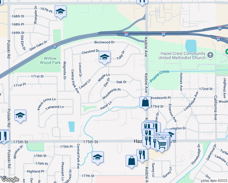 map of restaurants, bars, coffee shops, grocery stores, and more near 3319 Woodworth Place in Hazel Crest