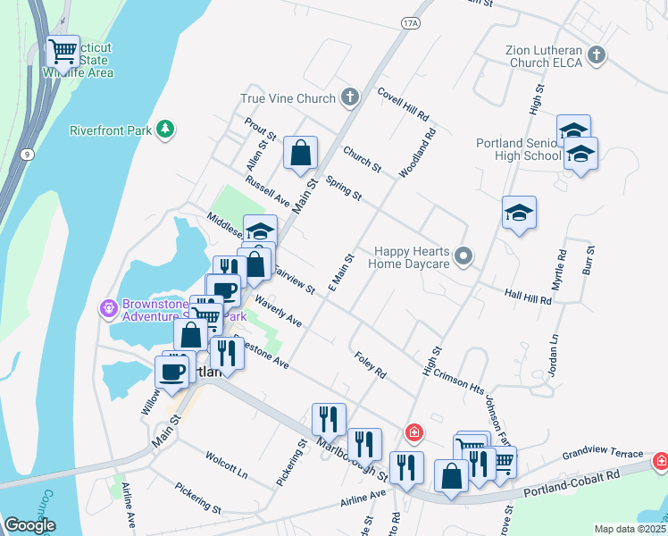 map of restaurants, bars, coffee shops, grocery stores, and more near 50 East Main Street in Portland