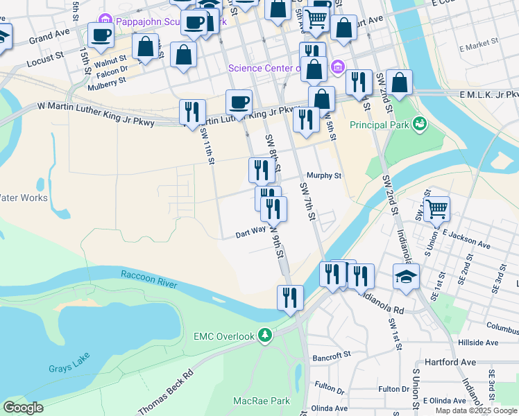 map of restaurants, bars, coffee shops, grocery stores, and more near 510 Southwest 9th Street in Des Moines