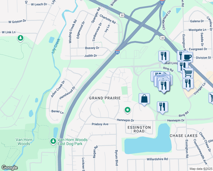 map of restaurants, bars, coffee shops, grocery stores, and more near 3622 Shannon Court in Joliet