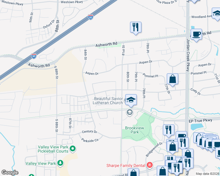 map of restaurants, bars, coffee shops, grocery stores, and more near 8239 Cody Drive in West Des Moines