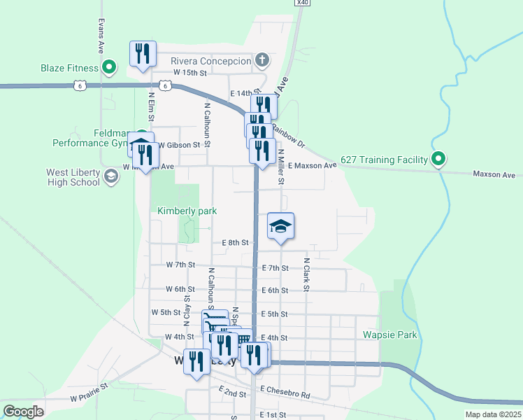 map of restaurants, bars, coffee shops, grocery stores, and more near 902 North Columbus Street in West Liberty