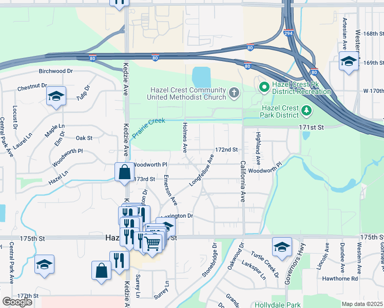 map of restaurants, bars, coffee shops, grocery stores, and more near 2905 172nd Street in Hazel Crest