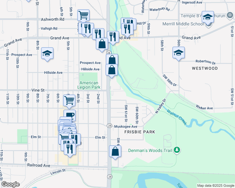 map of restaurants, bars, coffee shops, grocery stores, and more near 139 Southwest 63rd Street in Des Moines