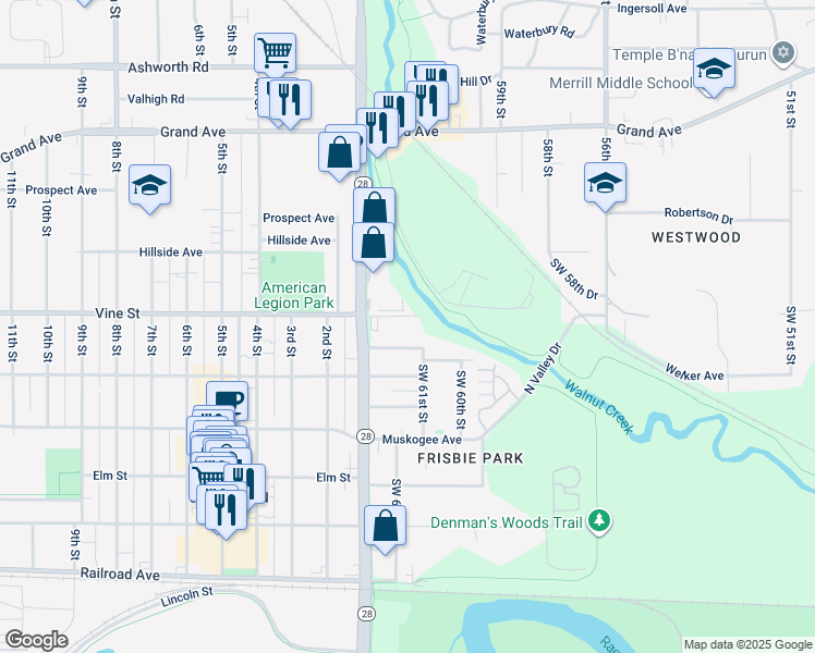 map of restaurants, bars, coffee shops, grocery stores, and more near 139 Southwest 63rd Street in Des Moines