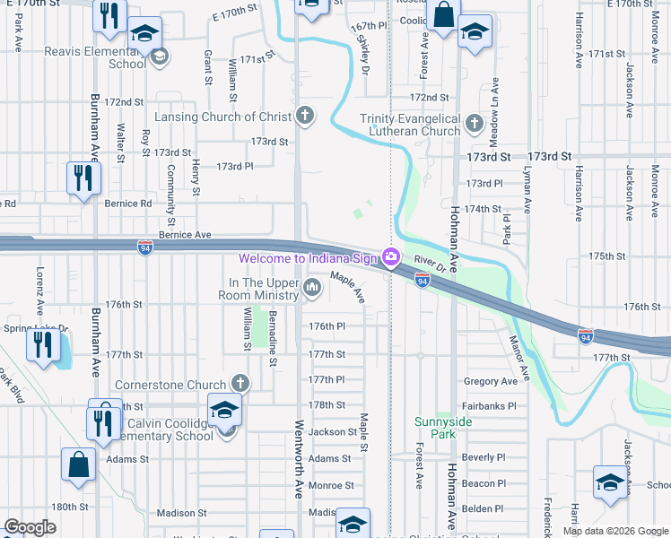 map of restaurants, bars, coffee shops, grocery stores, and more near 17515 Maple Avenue in Lansing