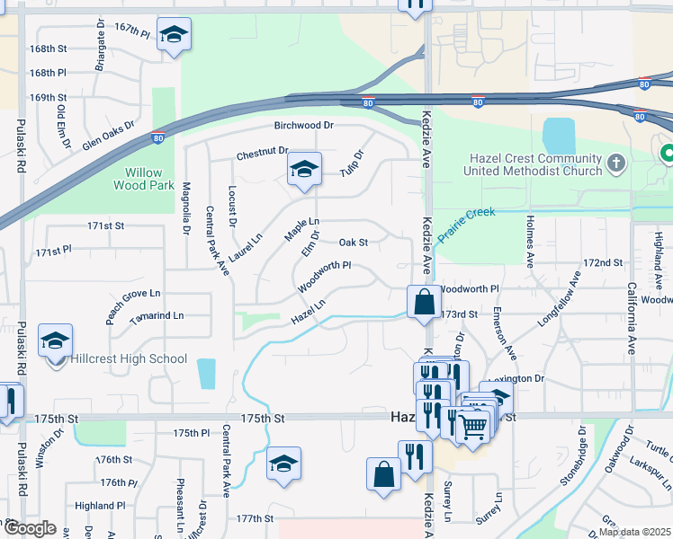 map of restaurants, bars, coffee shops, grocery stores, and more near 3319 Woodworth Place in Hazel Crest
