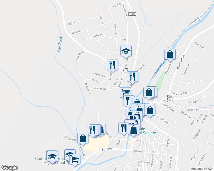 map of restaurants, bars, coffee shops, grocery stores, and more near 63 Hospital Street in Carbondale