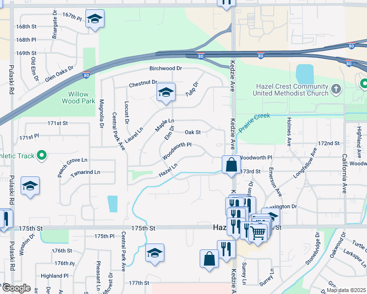 map of restaurants, bars, coffee shops, grocery stores, and more near 3317 Woodworth Place in Hazel Crest
