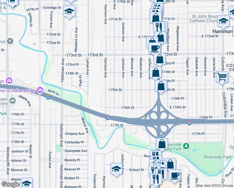 map of restaurants, bars, coffee shops, grocery stores, and more near in Hammond