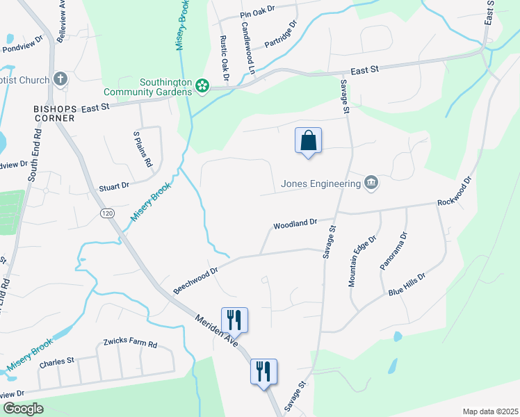 map of restaurants, bars, coffee shops, grocery stores, and more near 141 Bridle Path Drive in Southington